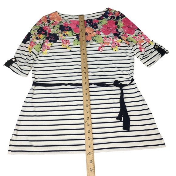 Charter Club Striped Floral Belted Stretch Top Blouse - Women’s PL Petite Large - Picture 3 of 10